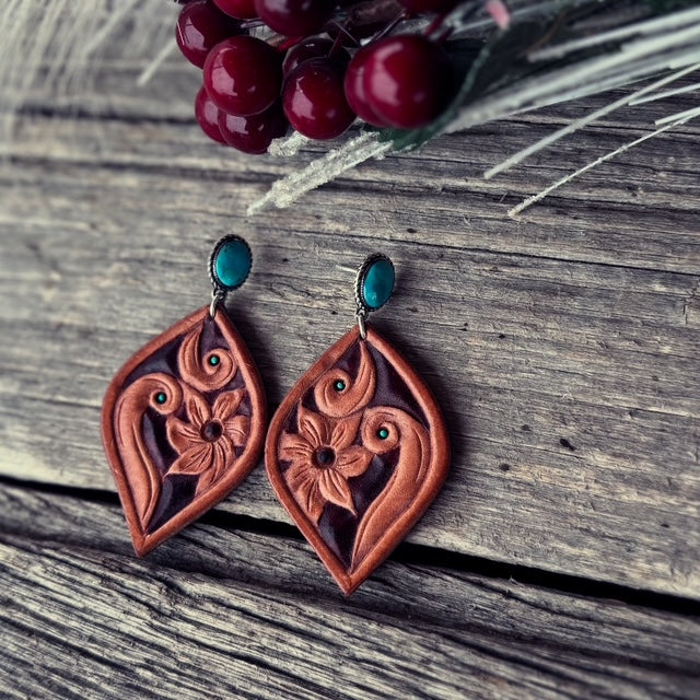 Tooled Floral earrings with Turquoise post