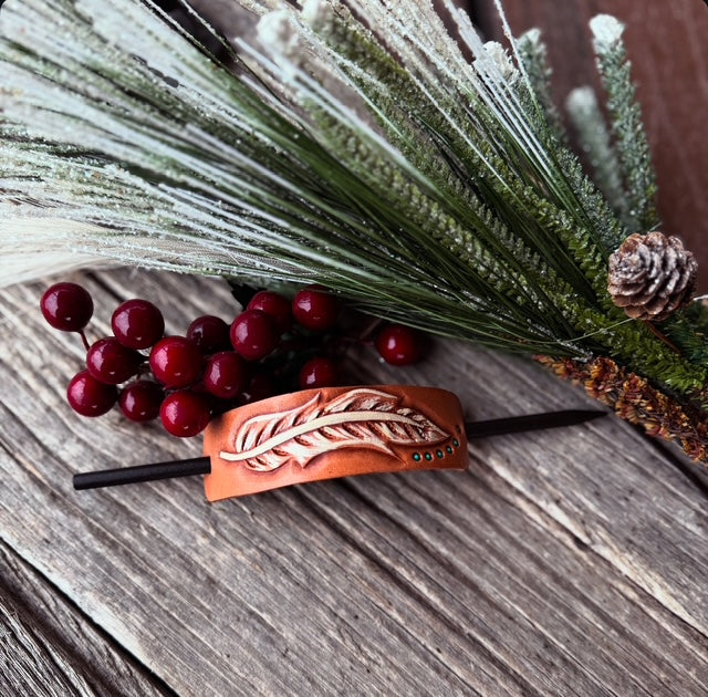 Leather Feather hair barrette with stick